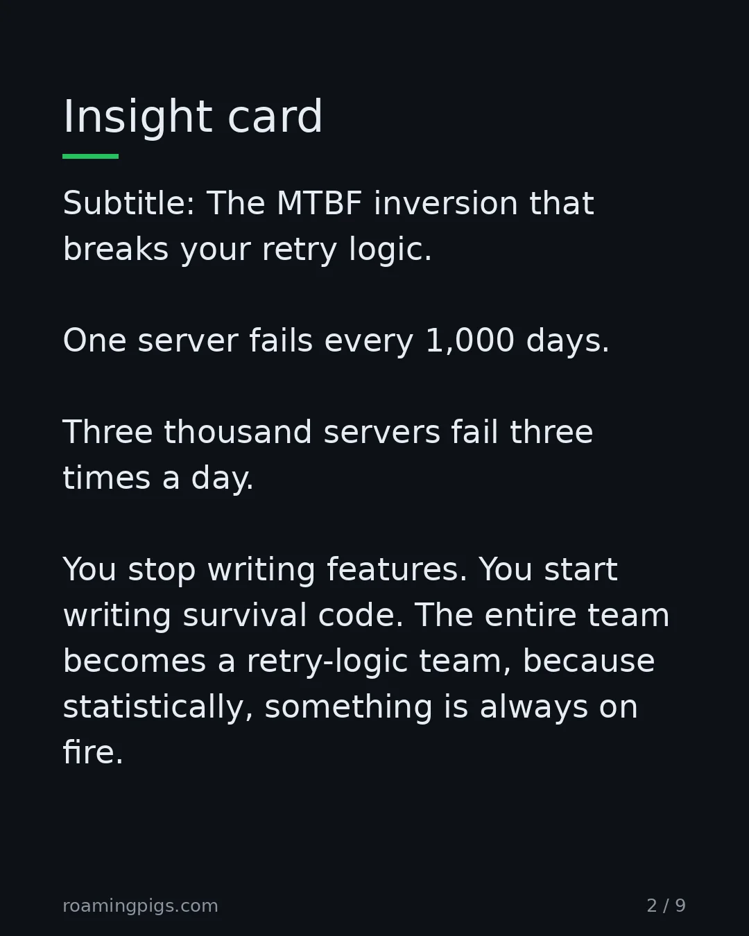 Slide 2 of 9: Insight card. Subtitle: The MTBF inversion that breaks your retry logic. One server fails every 1,000 days. Three thousand servers fail…