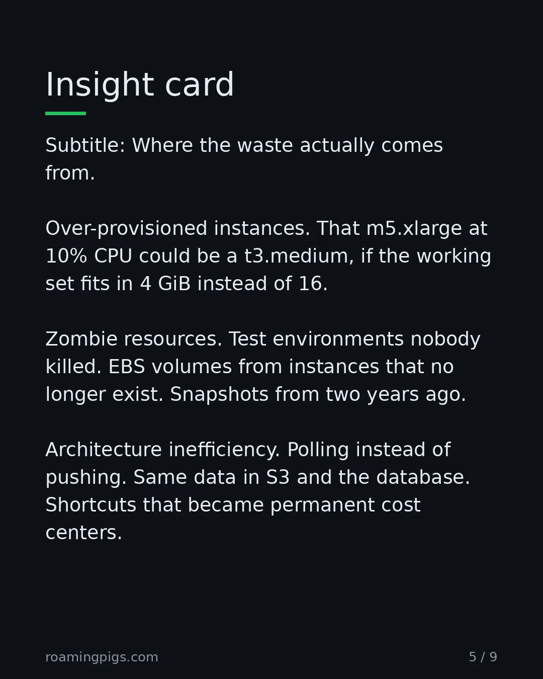 Slide 5 of 9: Insight card. Subtitle: Where the waste actually comes from. Over-provisioned instances. That m5.xlarge at 10% CPU could be a t3.medium, if…