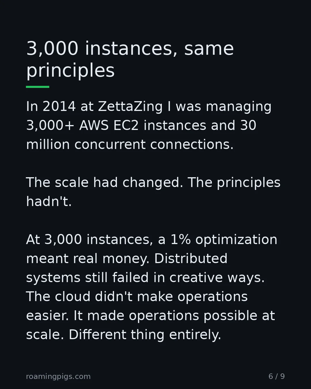 Slide 6 of 9: 3,000 instances, same principles. In 2014 at ZettaZing I was managing 3,000+ AWS EC2 instances and 30 million concurrent connections. The…