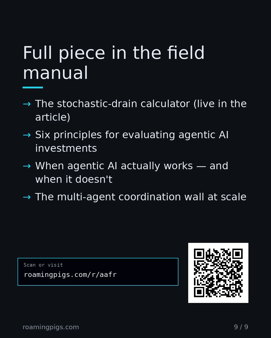 Slide 9 of 9: Call to action: The stochastic-drain calculator (live in the article) Six principles for evaluating agentic AI investments When agentic AI…