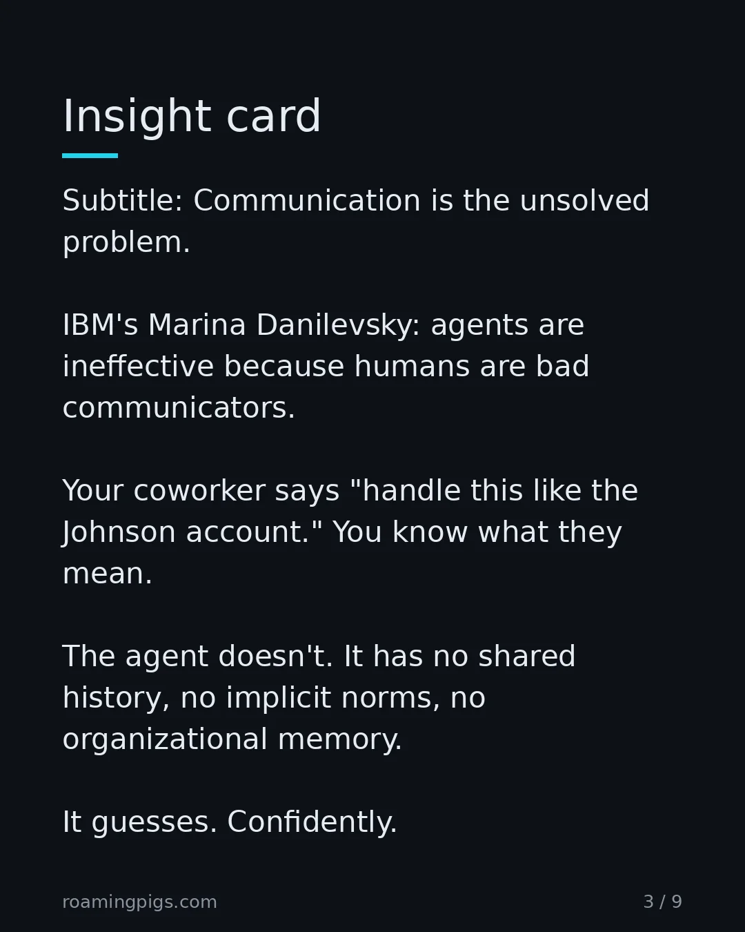 Slide 3 of 9: Insight card. Subtitle: Communication is the unsolved problem. IBM's Marina Danilevsky: agents are ineffective because humans are bad…