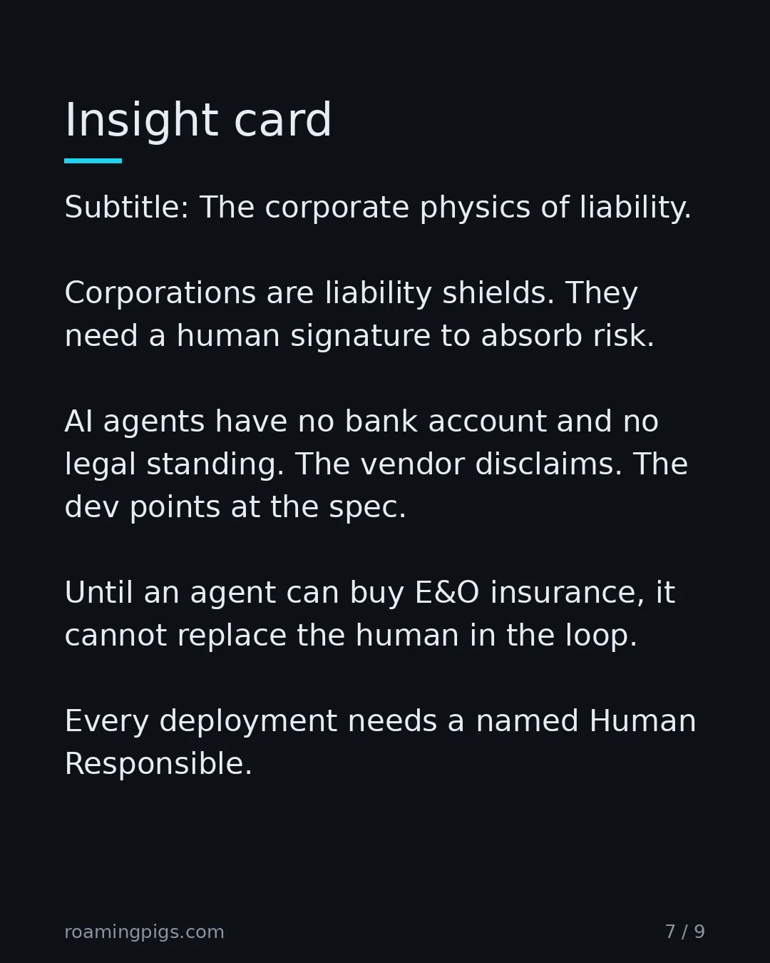 Slide 7 of 9: Insight card. Subtitle: The corporate physics of liability. Corporations are liability shields. They need a human signature to absorb risk.…