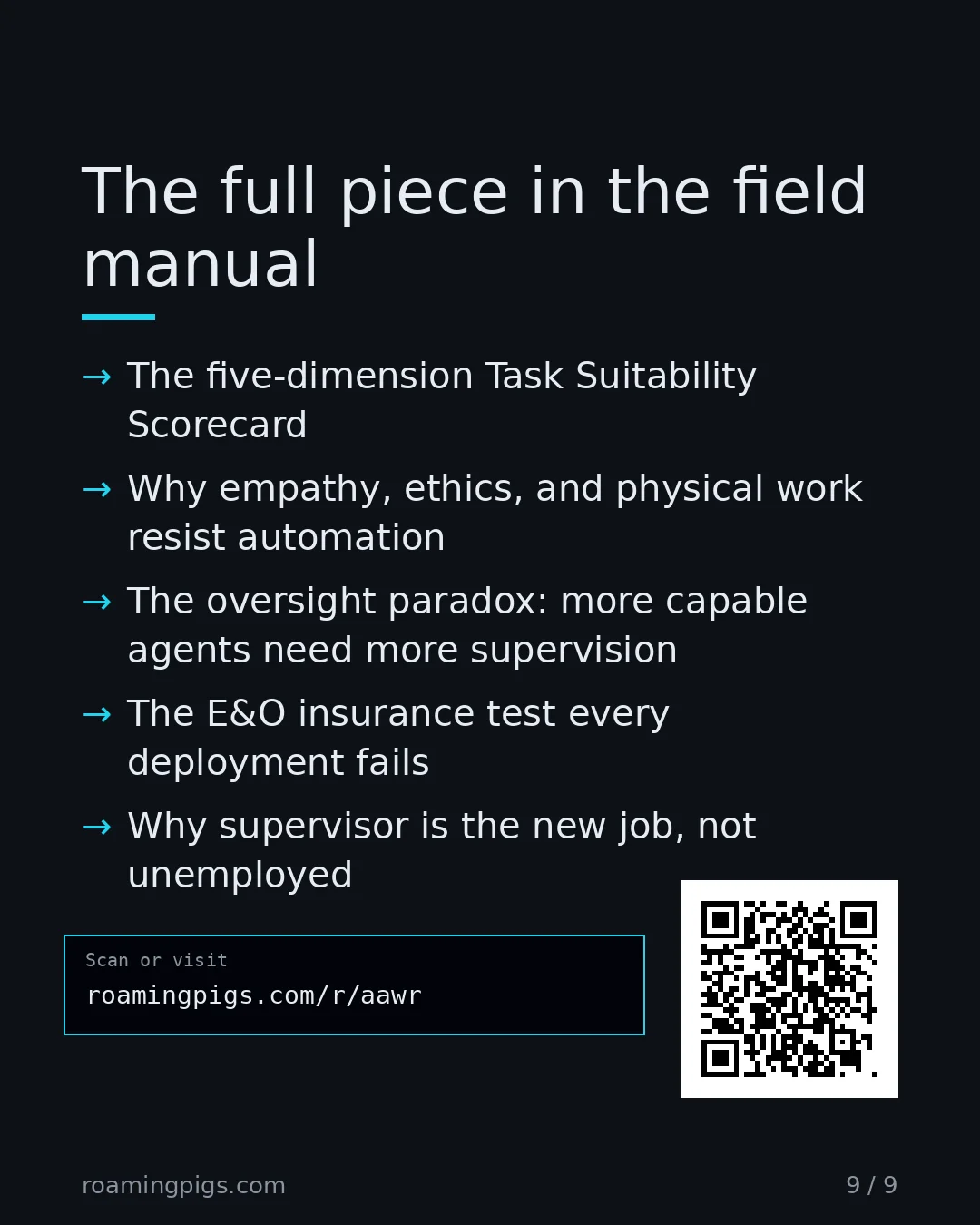 Slide 9 of 9: Call to action: The five-dimension Task Suitability Scorecard Why empathy, ethics, and physical work resist automation The oversight…