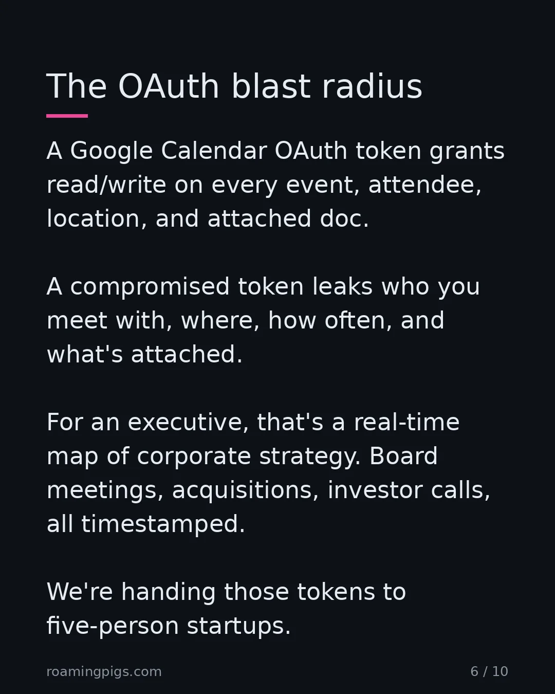 Slide 6 of 10: The OAuth blast radius. A Google Calendar OAuth token grants read/write on every event, attendee, location, and attached doc. A compromised…