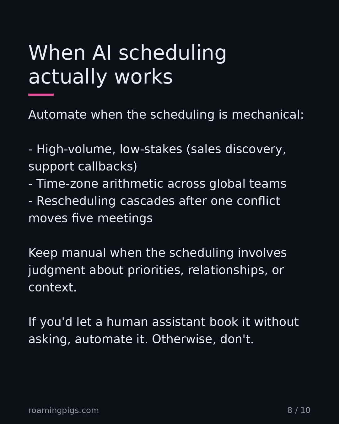 Slide 8 of 10: When AI scheduling actually works. Automate when the scheduling is mechanical: High-volume, low-stakes (sales discovery, support callbacks)…