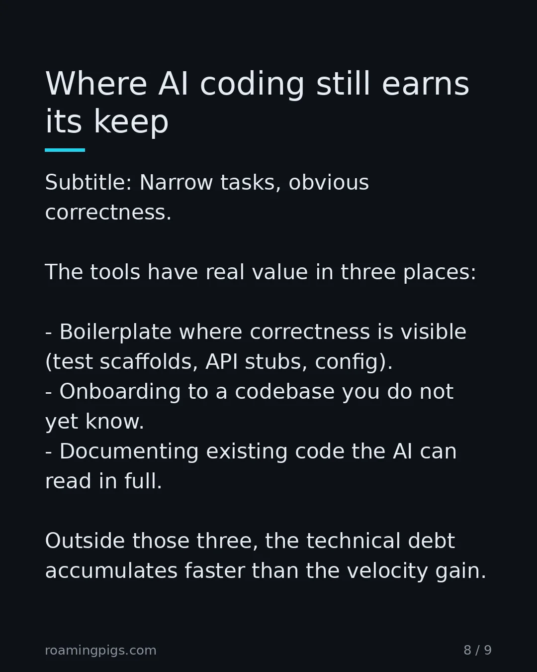 Slide 8 of 9: Where AI coding still earns its keep. Subtitle: Narrow tasks, obvious correctness. The tools have real value in three places: Boilerplate…