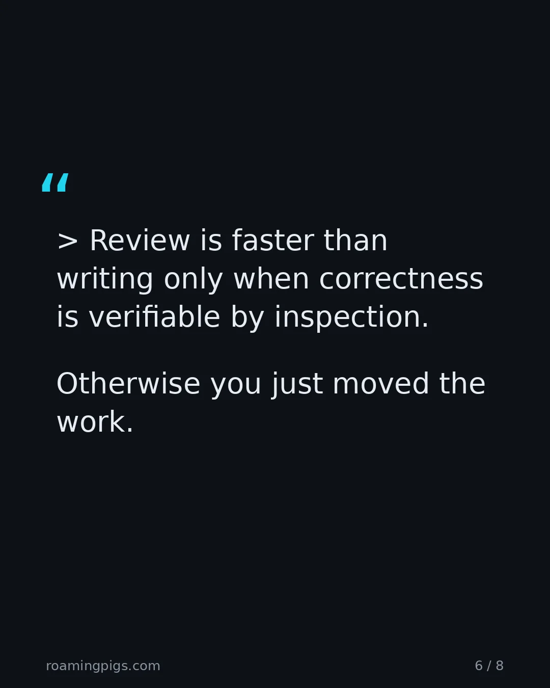 Slide 6 of 8: Quote: > Review is faster than writing only when correctness is verifiable by inspection. Otherwise you just moved the work.