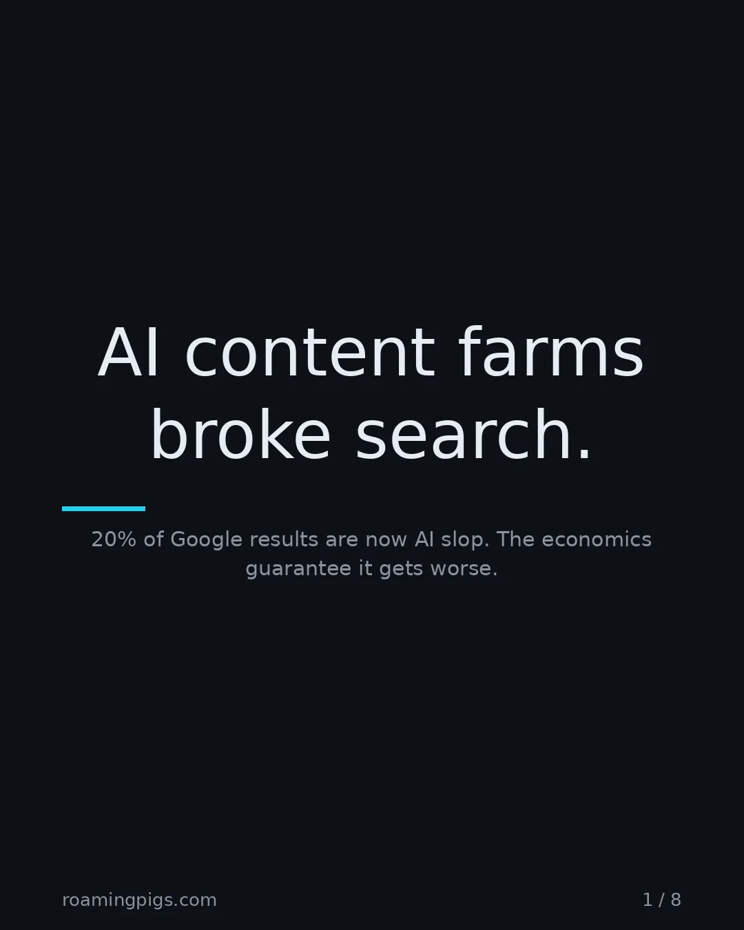 Slide 1 of 8: AI content farms broke search.. 20% of Google results are now AI slop. The economics guarantee it gets worse
