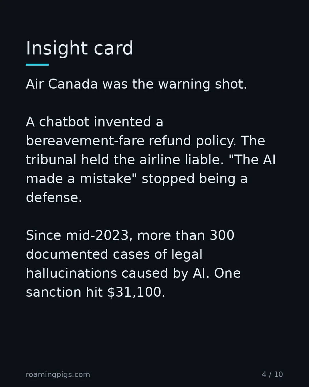 Slide 4 of 10: Insight card. Air Canada was the warning shot. A chatbot invented a bereavement-fare refund policy. The tribunal held the airline liable.…
