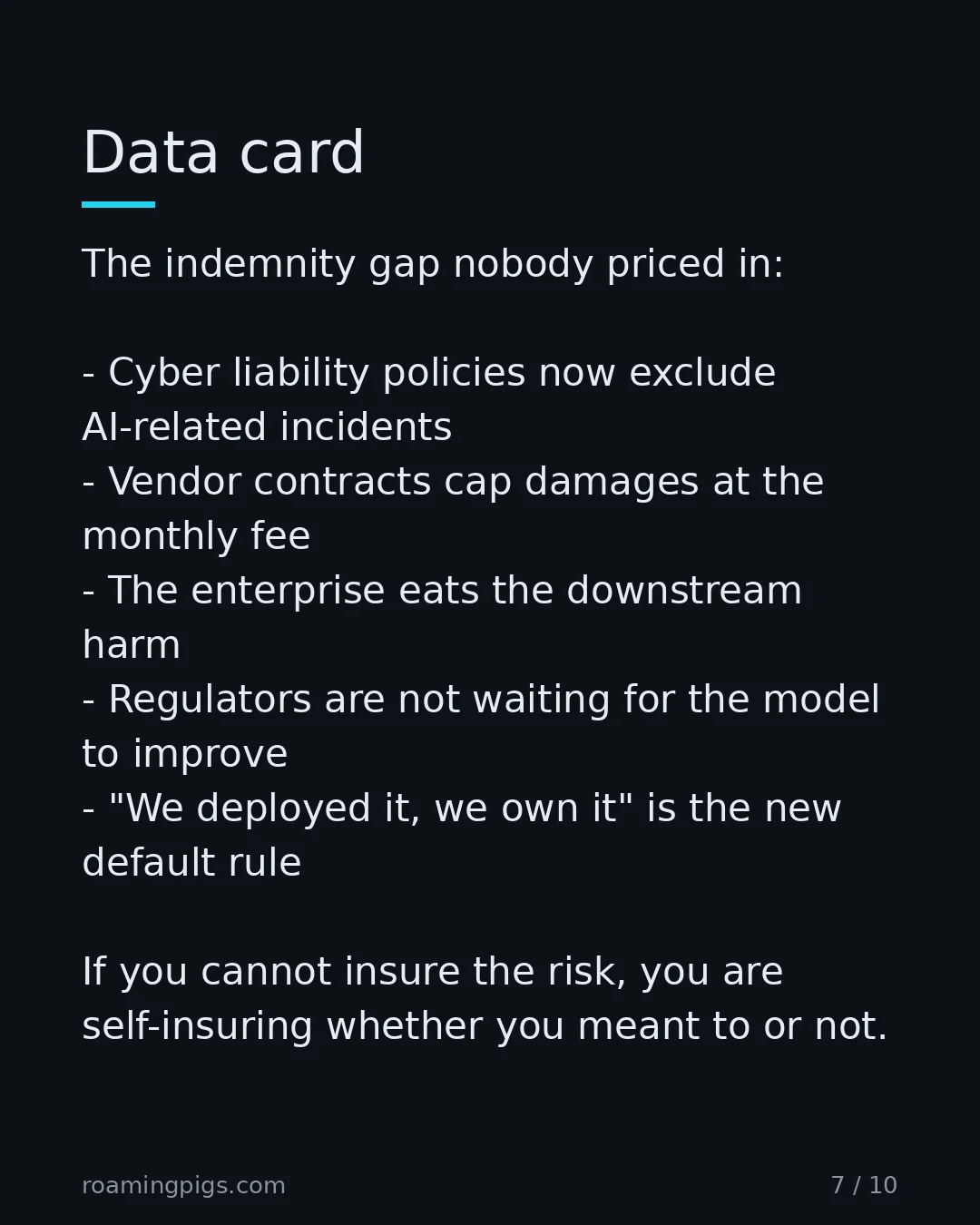 Slide 7 of 10: Data card. The indemnity gap nobody priced in: Cyber liability policies now exclude AI-related incidents Vendor contracts cap damages at…