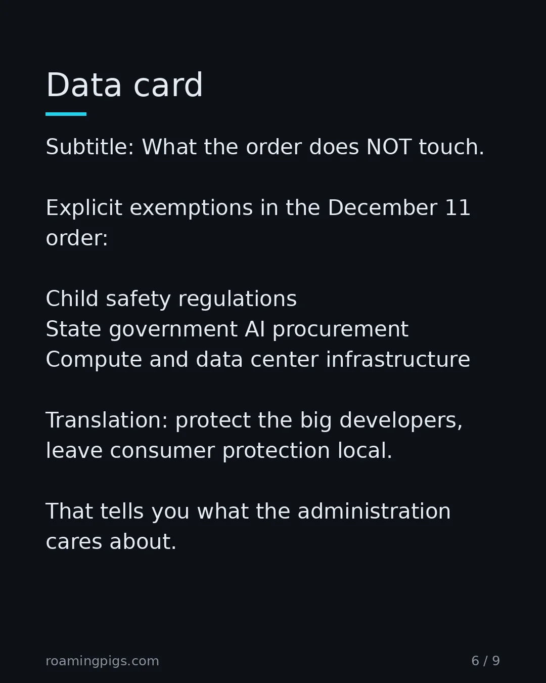 Slide 6 of 9: Data card. Subtitle: What the order does NOT touch. Explicit exemptions in the December 11 order: Child safety regulations State government…