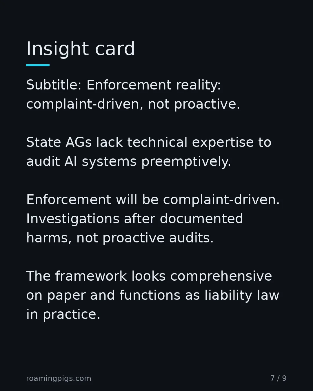 Slide 7 of 9: Insight card. Subtitle: Enforcement reality: complaint-driven, not proactive. State AGs lack technical expertise to audit AI systems…