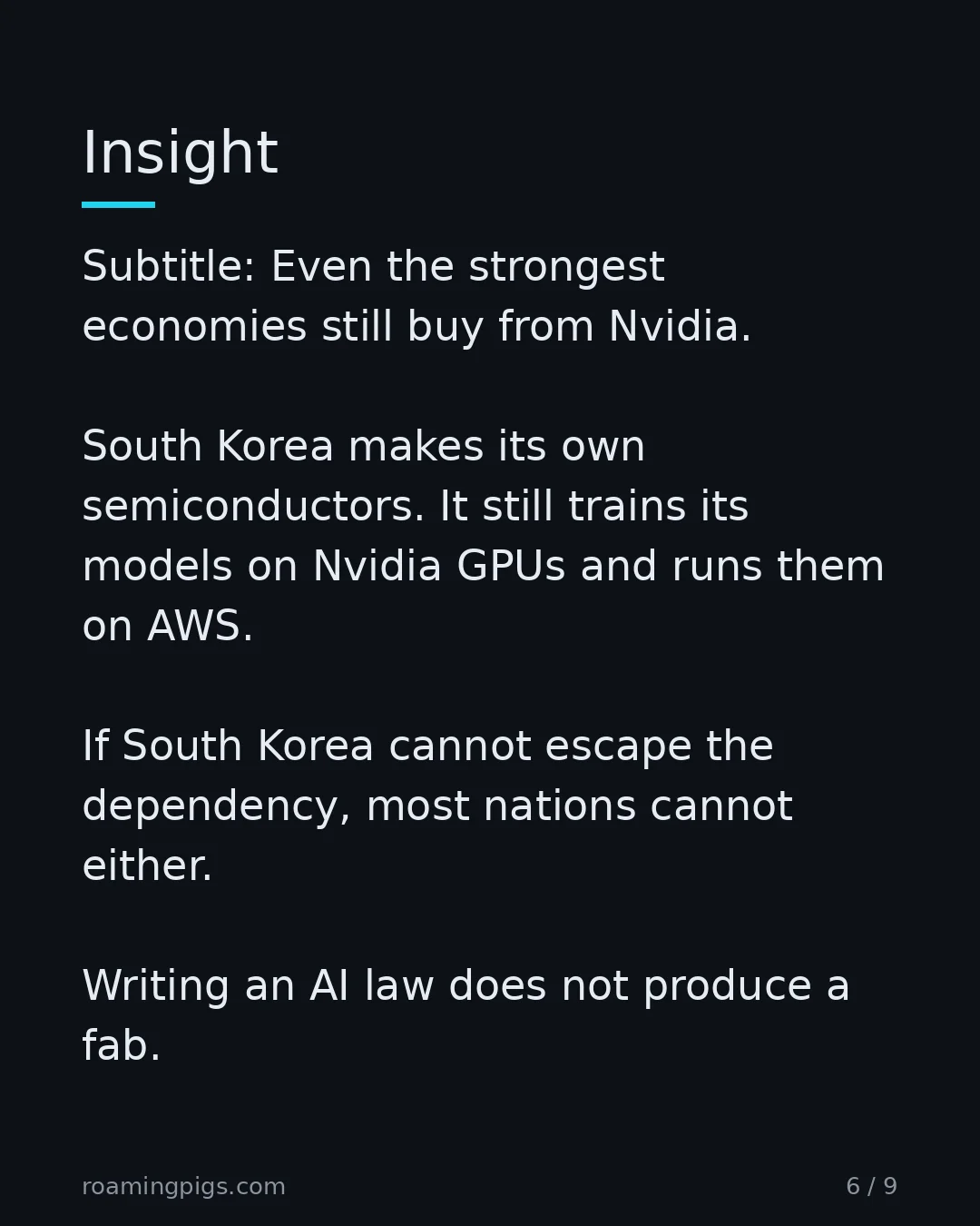 Slide 6 of 9: Insight. Subtitle: Even the strongest economies still buy from Nvidia. South Korea makes its own semiconductors. It still trains its models…