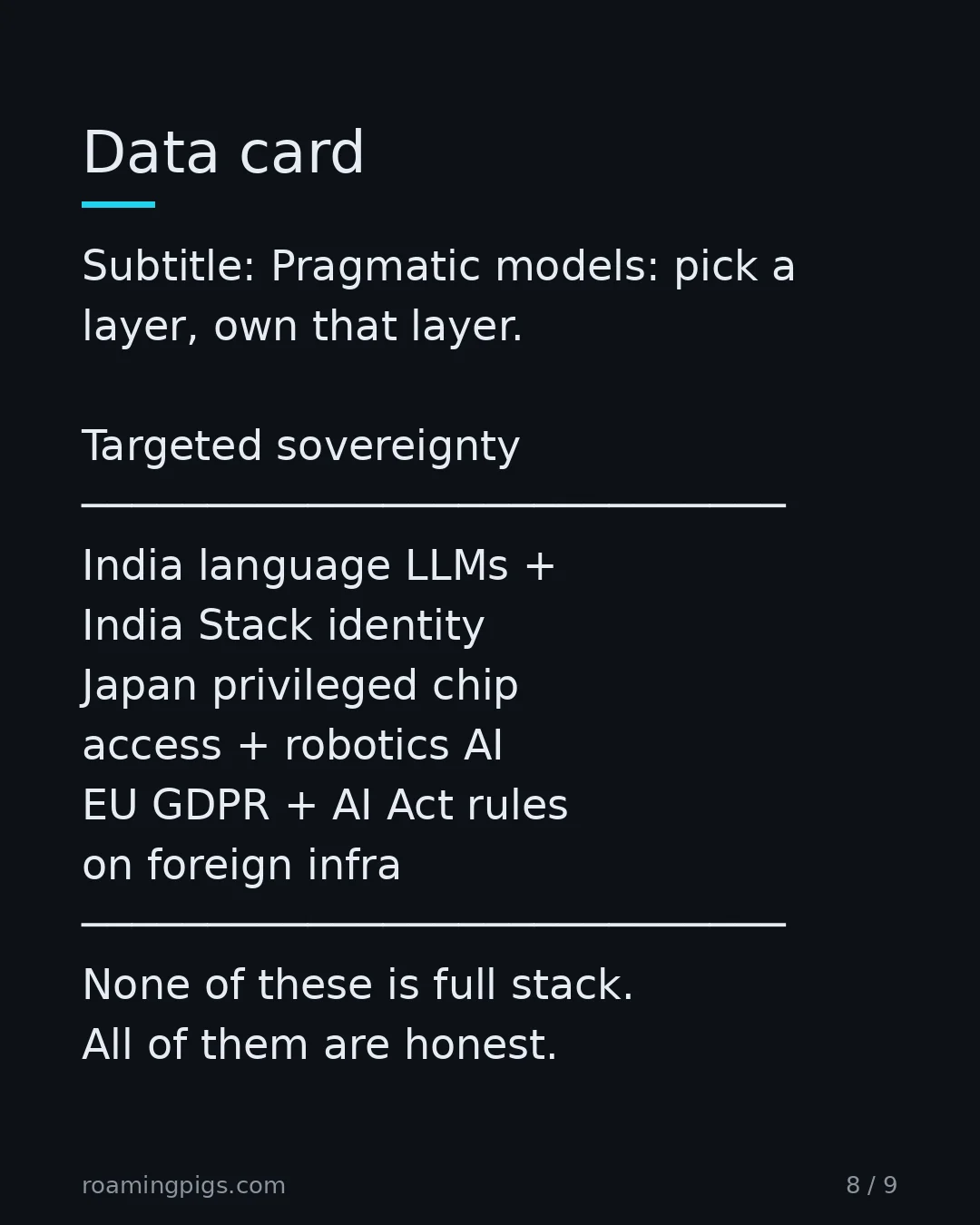 Slide 8 of 9: Data card. Subtitle: Pragmatic models: pick a layer, own that layer. Targeted sovereignty ──────────────────────────── India language LLMs…