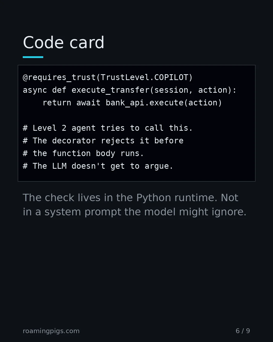 Slide 6 of 9: Code card. Code example. The check lives in the Python runtime. Not in a system prompt the model might ignore