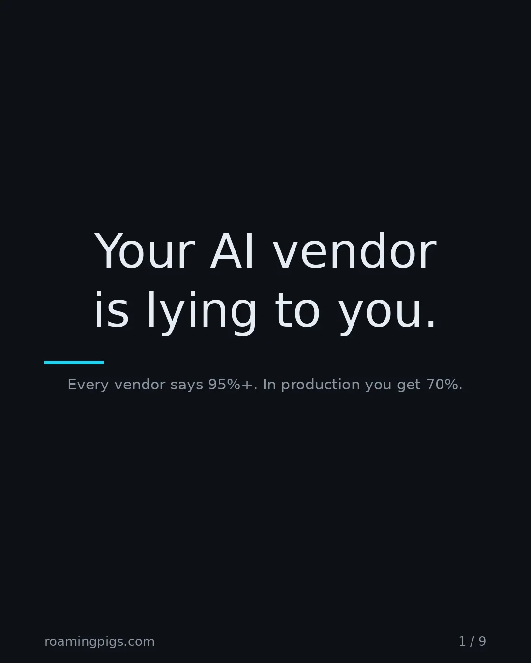 Slide 1 of 9: Your AI vendor is lying to you.. Every vendor says 95%+. In production you get 70%