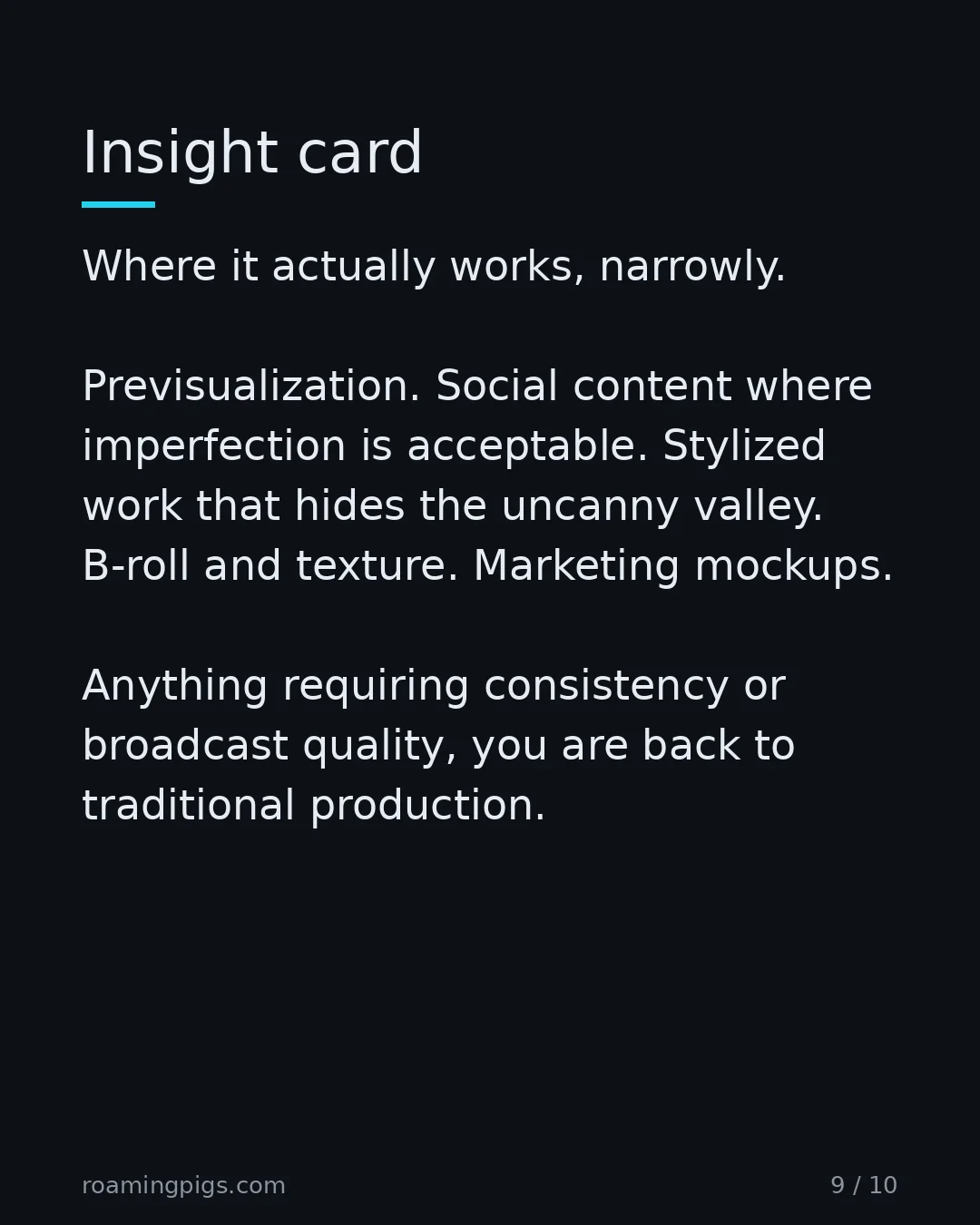 Slide 9 of 10: Insight card. Where it actually works, narrowly. Previsualization. Social content where imperfection is acceptable. Stylized work that…