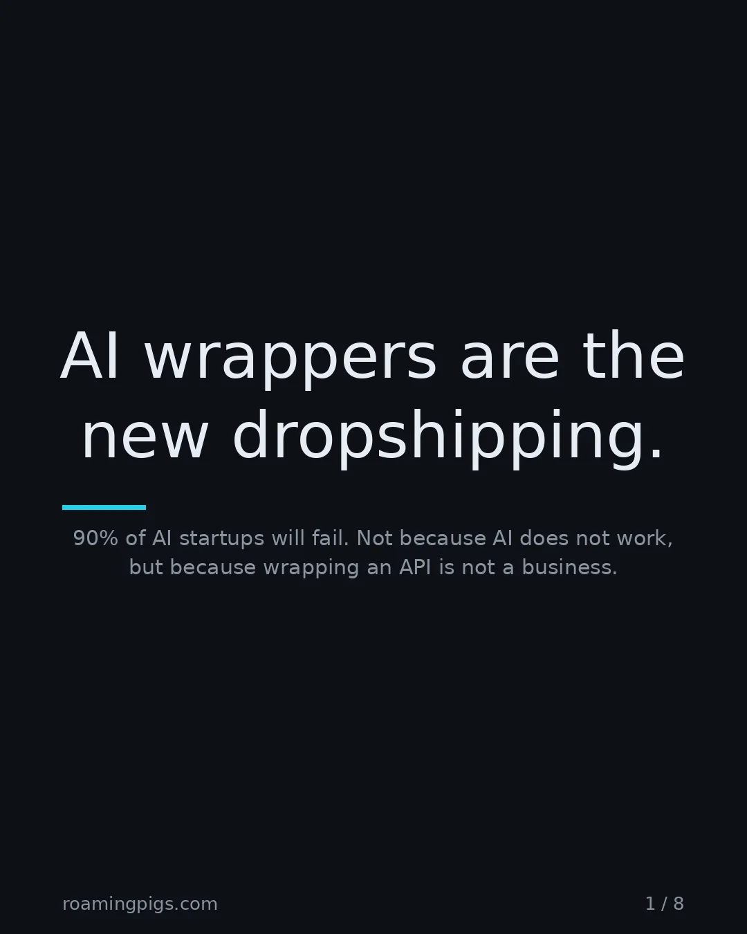 Slide 1 of 8: AI wrappers are the new dropshipping.. 90% of AI startups will fail. Not because AI does not work, but because wrapping an API is not a…