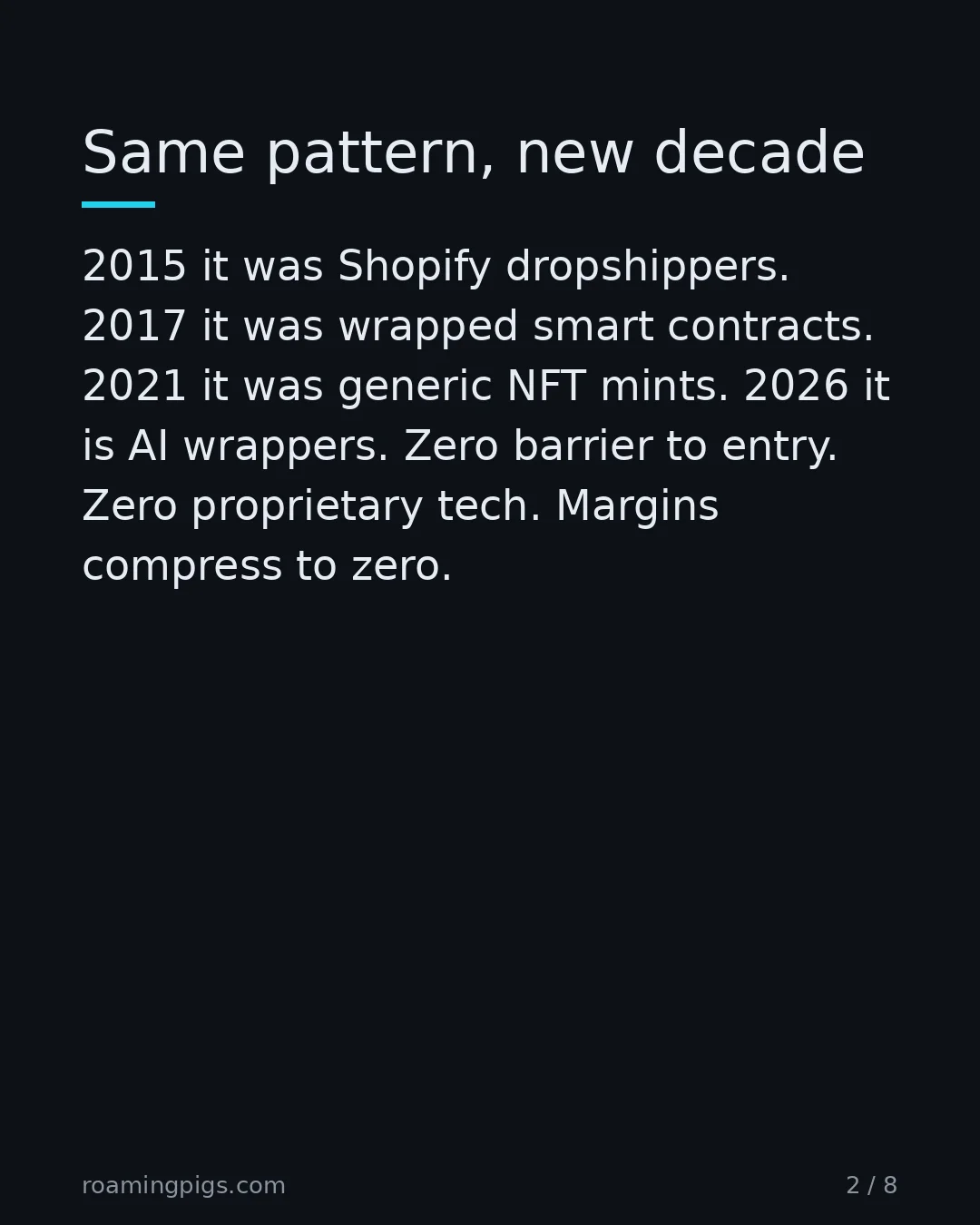 Slide 2 of 8: Same pattern, new decade. 2015 it was Shopify dropshippers. 2017 it was wrapped smart contracts. 2021 it was generic NFT mints. 2026 it is…