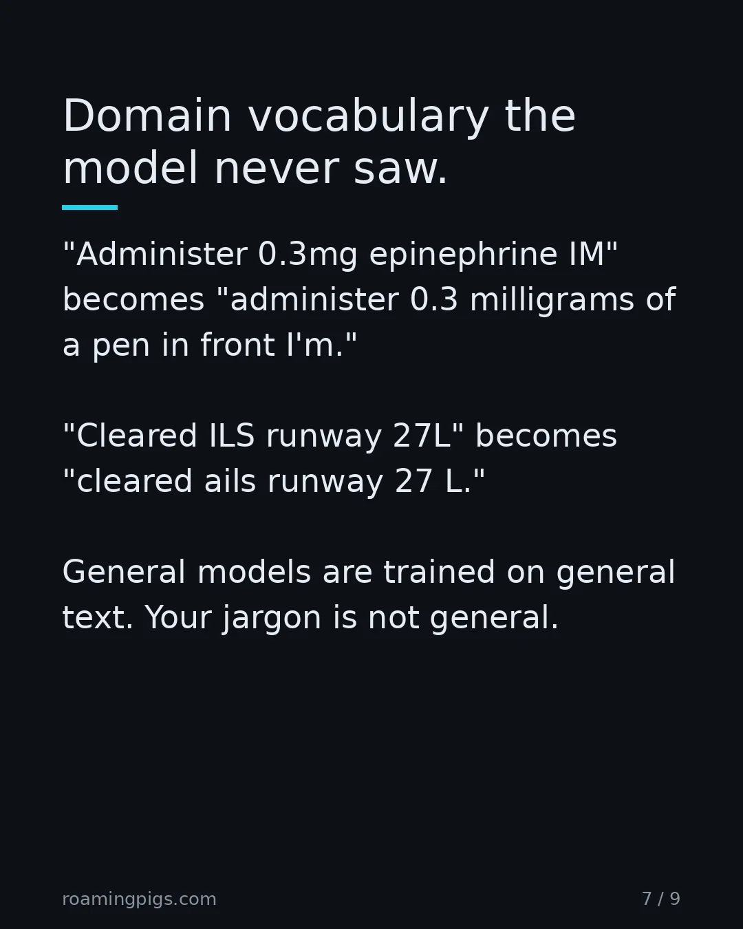 Slide 7 of 9: Domain vocabulary the model never saw. "Administer 0.3mg epinephrine IM" becomes "administer 0.3 milligrams of a pen in front I'm."…