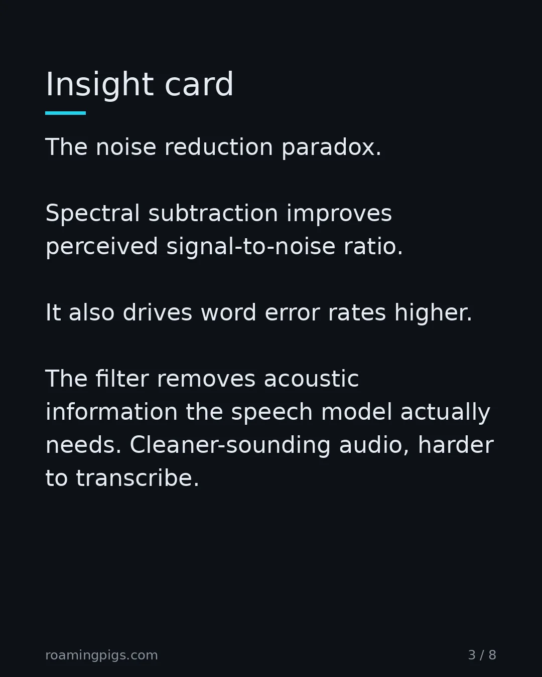 Slide 3 of 8: Insight card. The noise reduction paradox. Spectral subtraction improves perceived signal-to-noise ratio. It also drives word error rates…