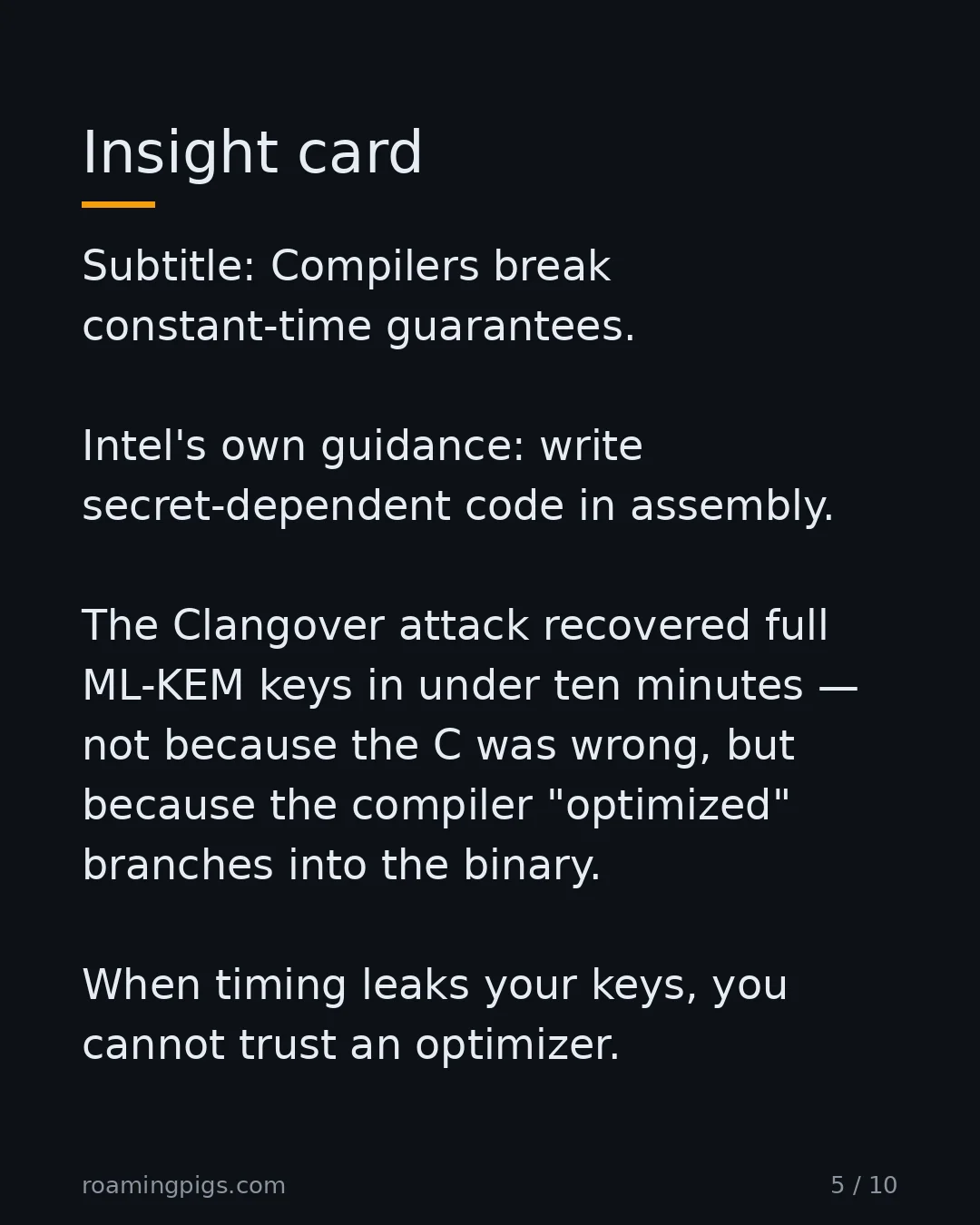 Slide 5 of 10: Insight card. Subtitle: Compilers break constant-time guarantees. Intel's own guidance: write secret-dependent code in assembly. The…