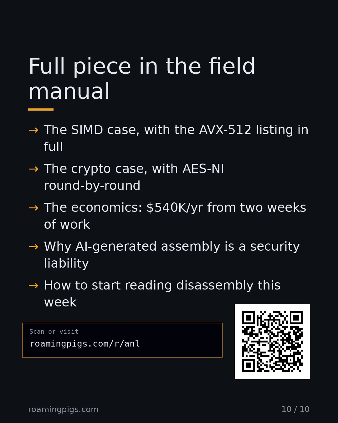 Slide 10 of 10: Call to action: The SIMD case, with the AVX-512 listing in full The crypto case, with AES-NI round-by-round The economics: $540K/yr from…
