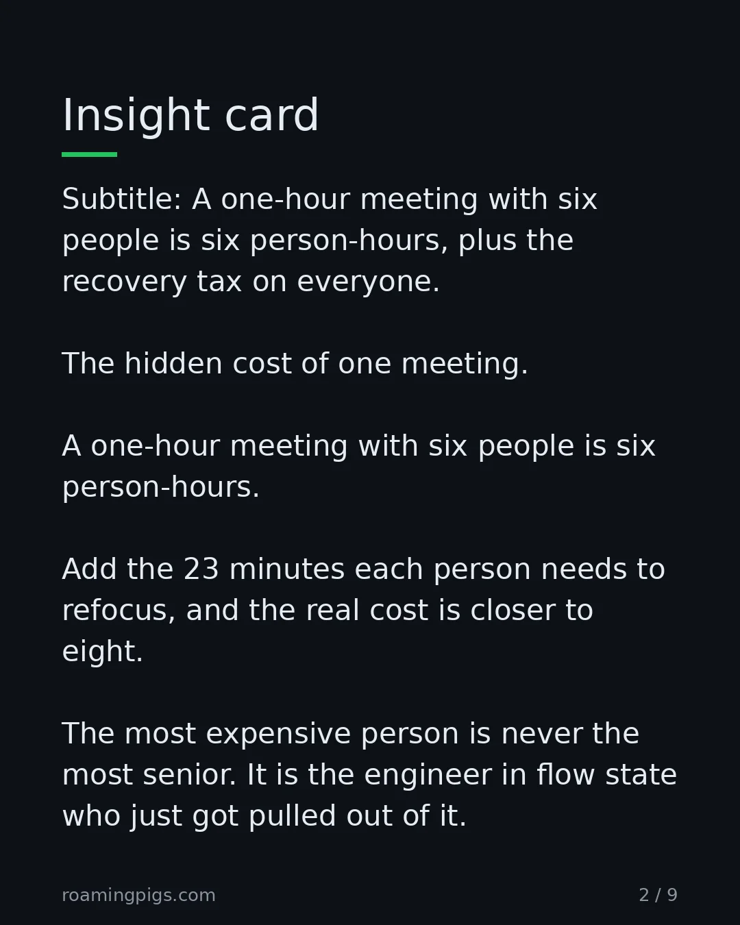 Slide 2 of 9: Insight card. Subtitle: A one-hour meeting with six people is six person-hours, plus the recovery tax on everyone. The hidden cost of one…