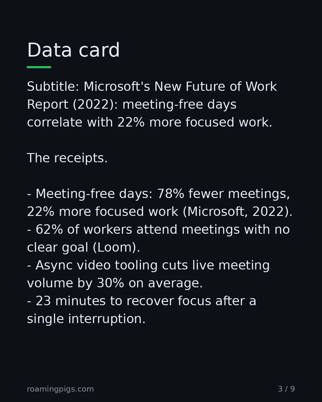 Slide 3 of 9: Data card. Subtitle: Microsoft's New Future of Work Report (2022): meeting-free days correlate with 22% more focused work. The receipts.…