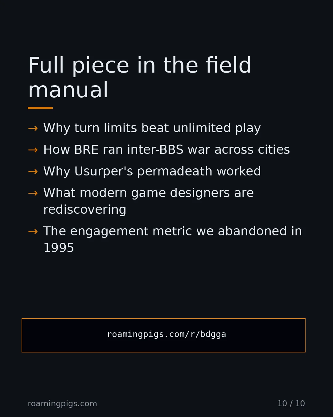 Slide 10 of 10: Call to action: Why turn limits beat unlimited play How BRE ran inter-BBS war across cities Why Usurper's permadeath worked What modern…