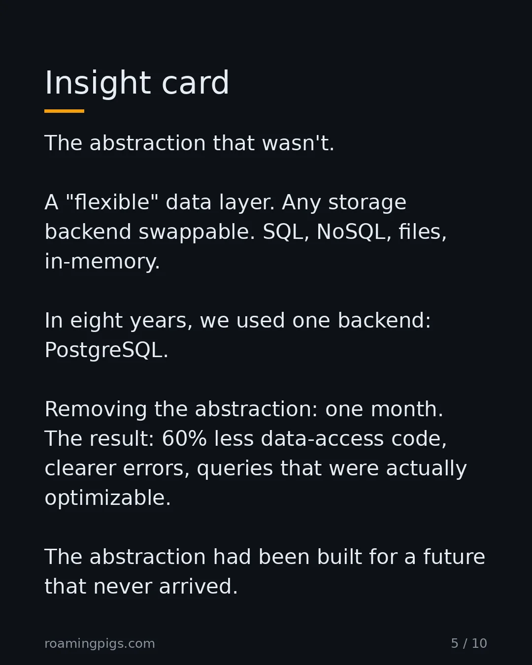 Slide 5 of 10: Insight card. The abstraction that wasn't. A "flexible" data layer. Any storage backend swappable. SQL, NoSQL, files, in-memory. In eight…