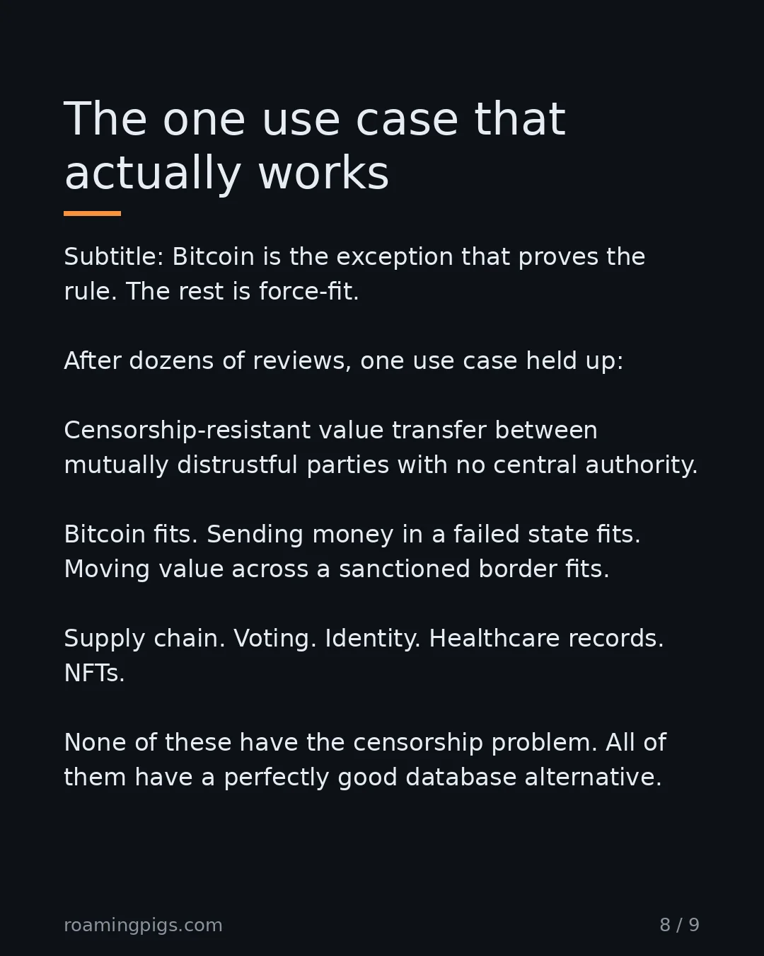Slide 8 of 9: The one use case that actually works. Subtitle: Bitcoin is the exception that proves the rule. The rest is force-fit. After dozens of…