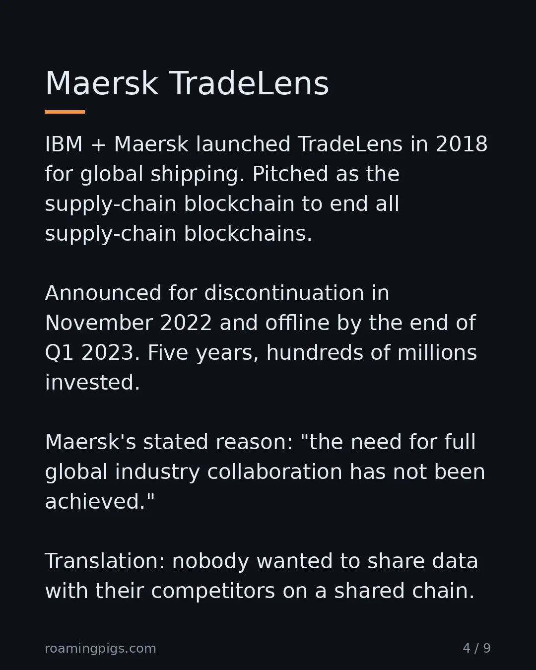 Slide 4 of 9: Maersk TradeLens. IBM + Maersk launched TradeLens in 2018 for global shipping. Pitched as the supply-chain blockchain to end all…