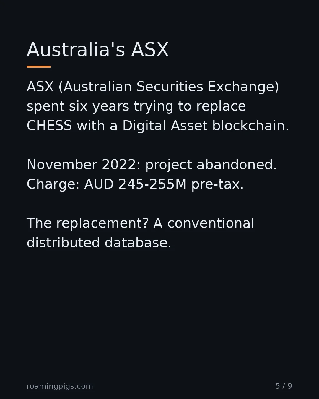 Slide 5 of 9: Australia's ASX. ASX (Australian Securities Exchange) spent six years trying to replace CHESS with a Digital Asset blockchain. November…