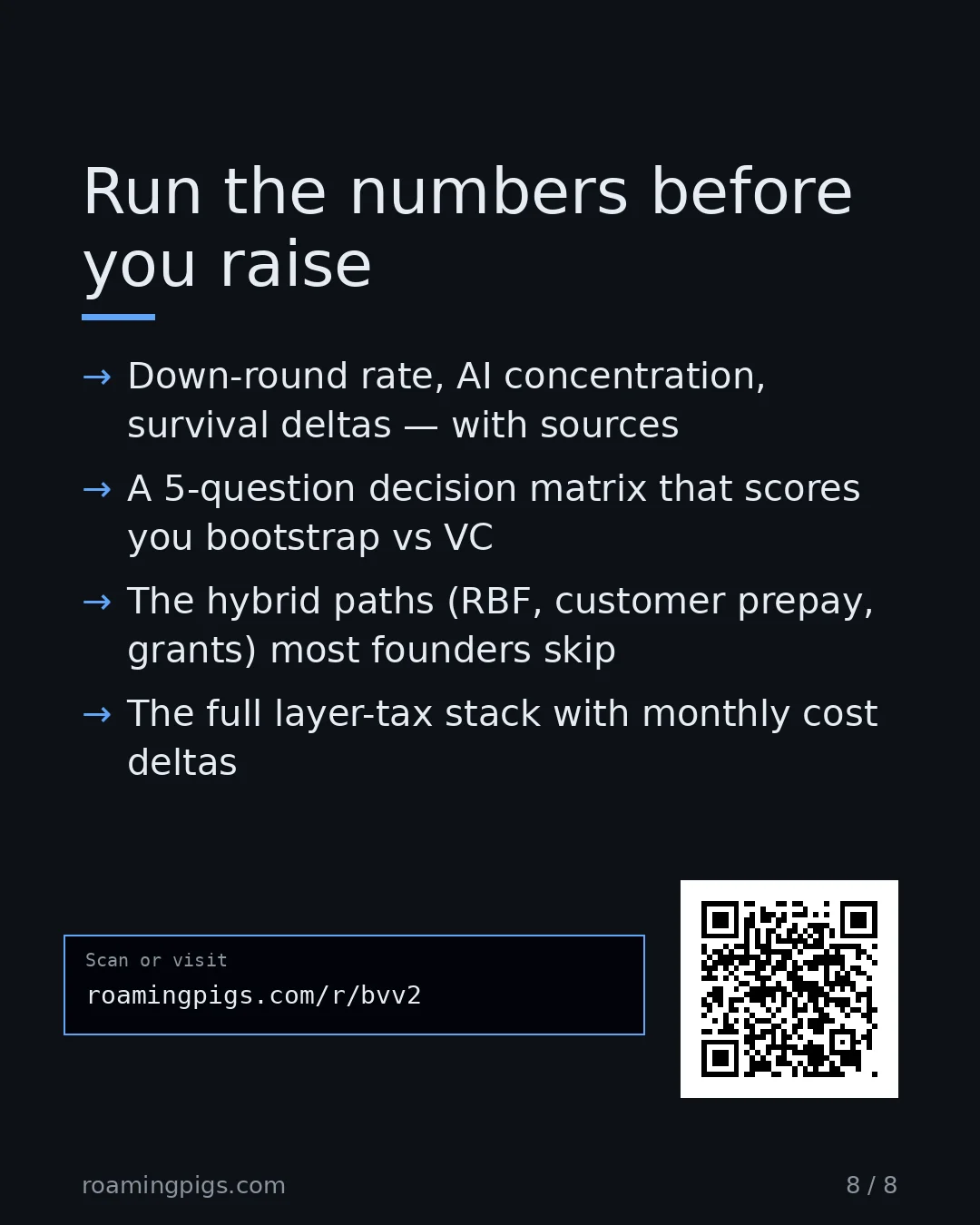 Slide 8 of 8: Call to action: Down-round rate, AI concentration, survival deltas — with sources A 5-question decision matrix that scores you bootstrap vs…