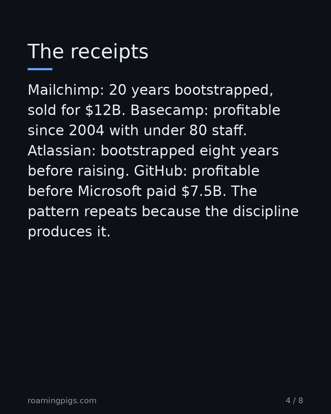 Slide 4 of 8: The receipts. Mailchimp: 20 years bootstrapped, sold for $12B. Basecamp: profitable since 2004 with under 80 staff. Atlassian: bootstrapped…