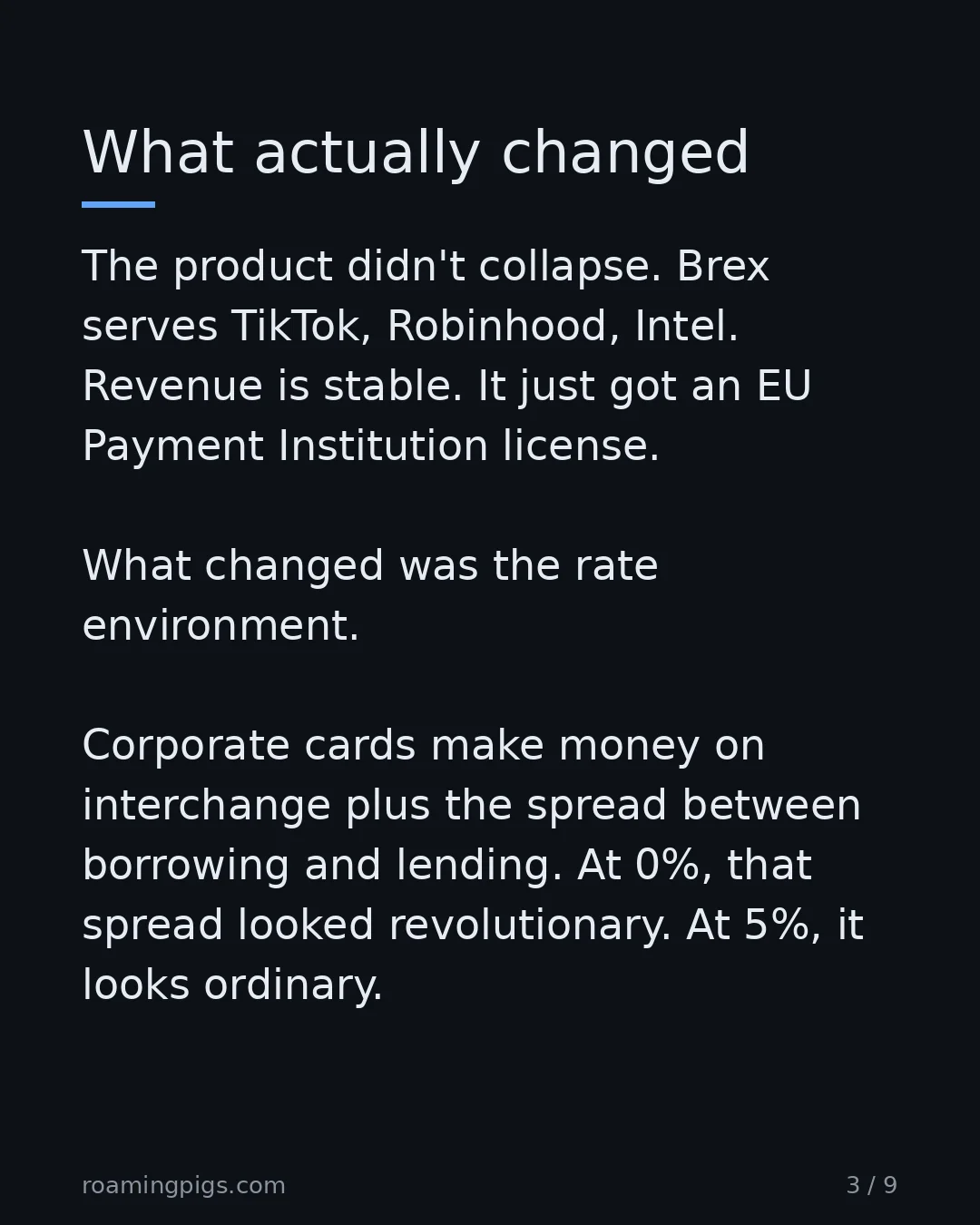 Slide 3 of 9: What actually changed. The product didn't collapse. Brex serves TikTok, Robinhood, Intel. Revenue is stable. It just got an EU Payment…