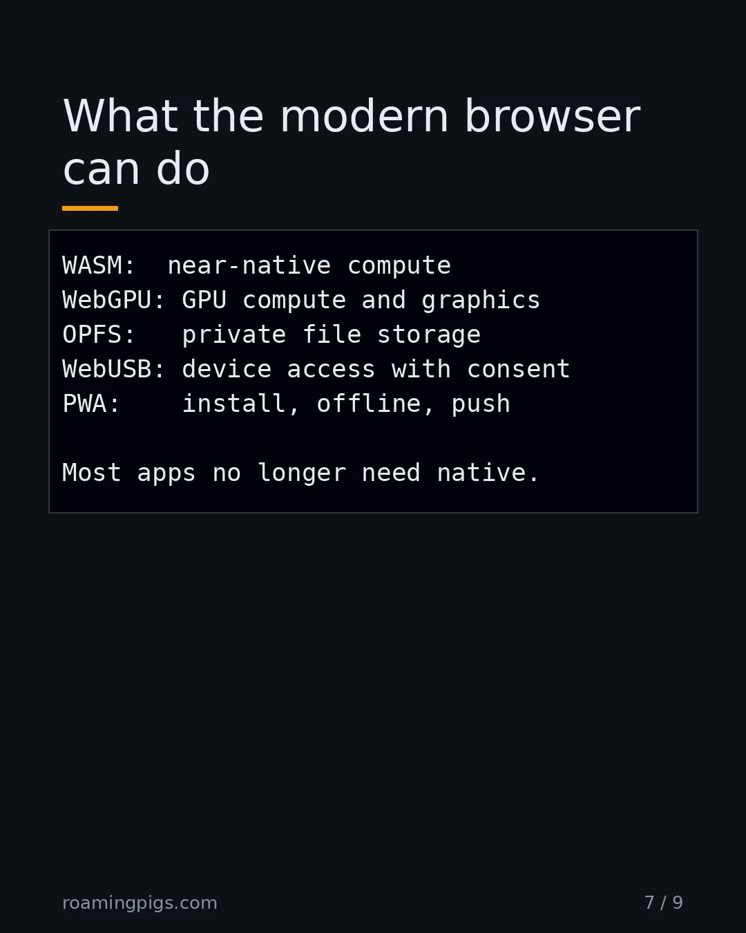 Slide 7 of 9: What the modern browser can do. Code example