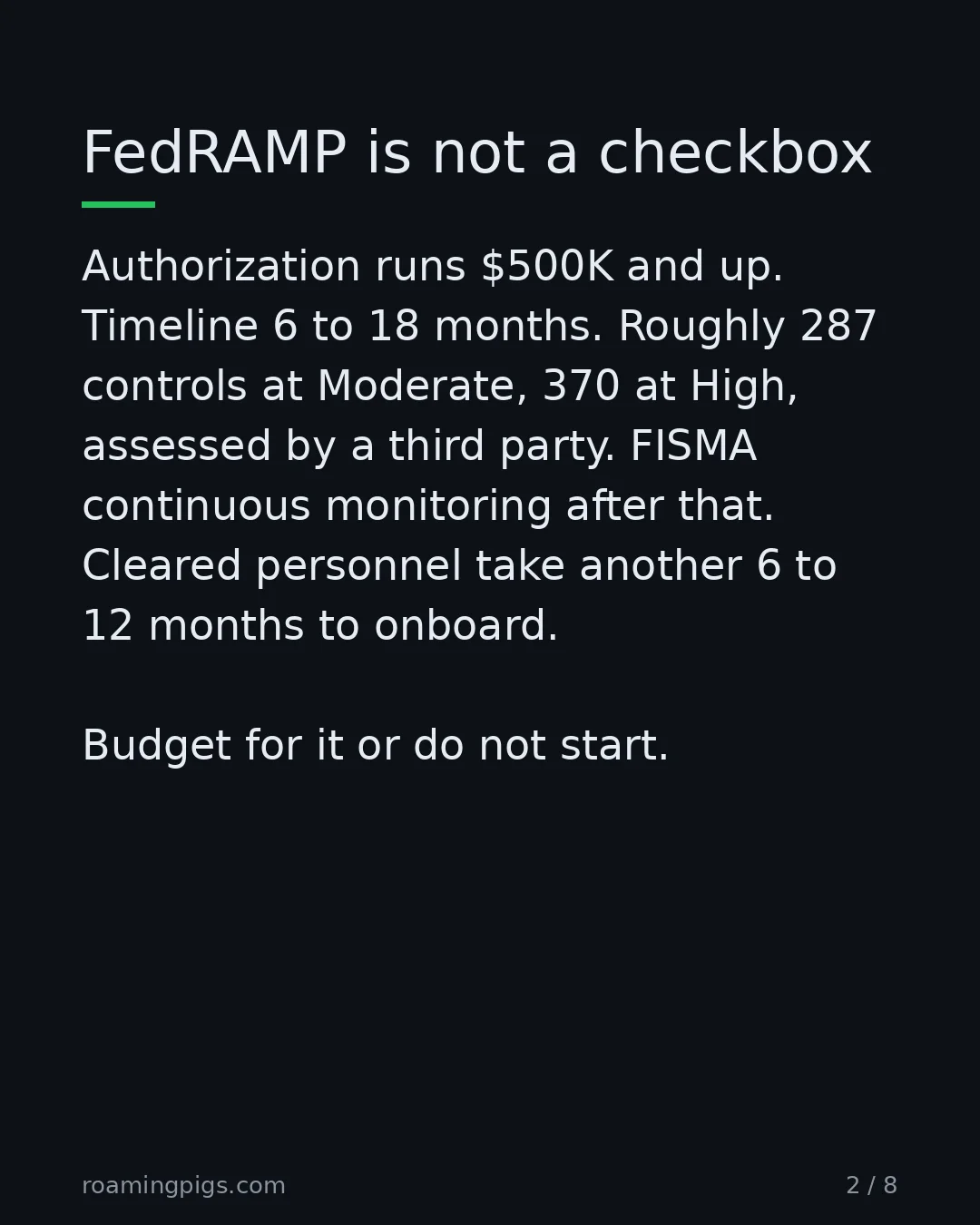 Slide 2 of 8: FedRAMP is not a checkbox. Authorization runs $500K and up. Timeline 6 to 18 months. Roughly 287 controls at Moderate, 370 at High,…