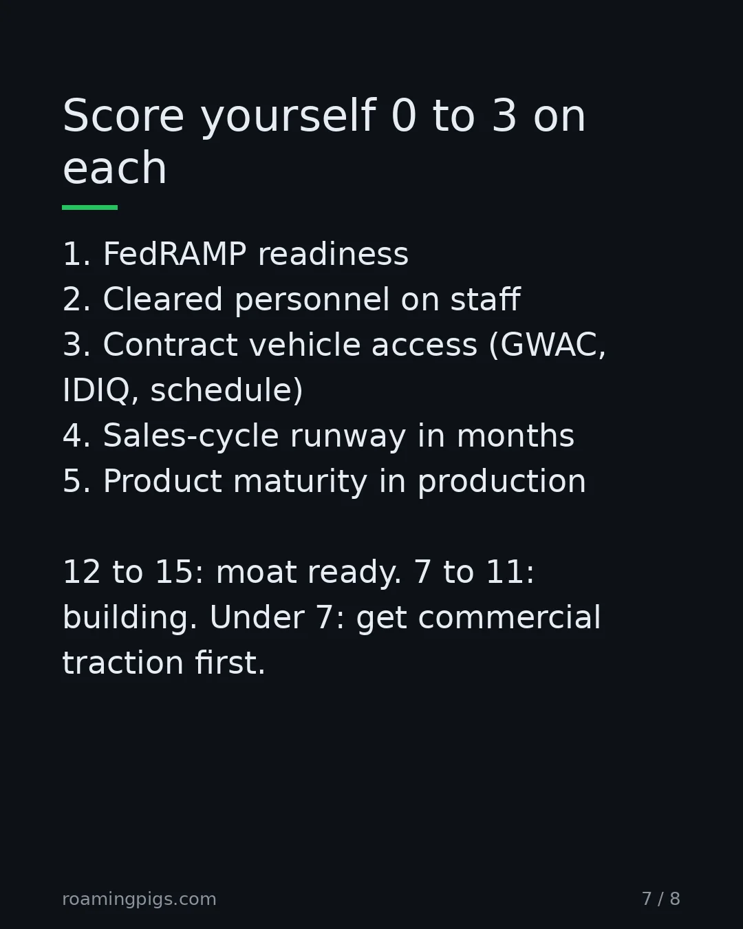 Slide 7 of 8: Score yourself 0 to 3 on each. 1. FedRAMP readiness 2. Cleared personnel on staff 3. Contract vehicle access (GWAC, IDIQ, schedule) 4.…