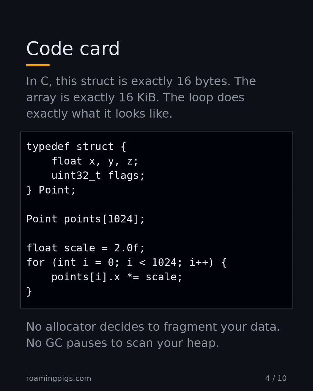 Slide 4 of 10: Code card. Code example. In C, this struct is exactly 16 bytes. The array is exactly 16 KiB. The loop does exactly what it looks like