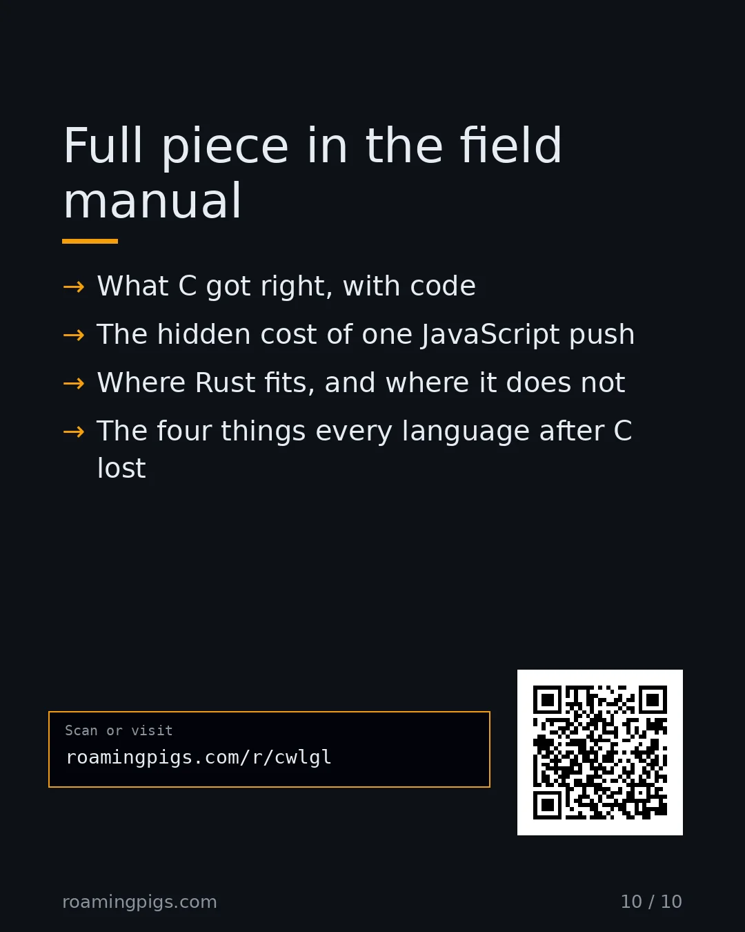 Slide 10 of 10: Call to action: What C got right, with code The hidden cost of one JavaScript push Where Rust fits, and where it does not The four things…