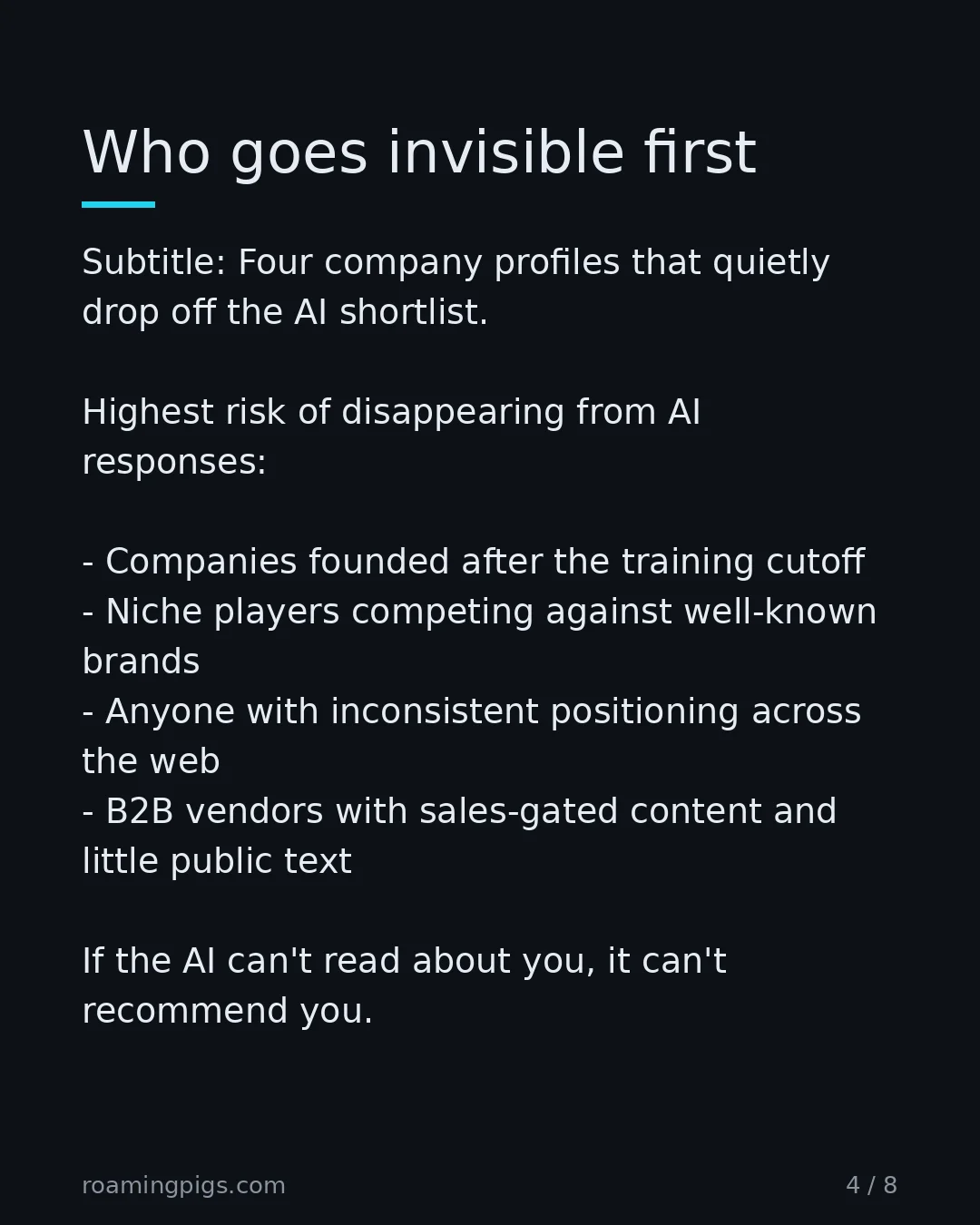 Slide 4 of 8: Who goes invisible first. Subtitle: Four company profiles that quietly drop off the AI shortlist. Highest risk of disappearing from AI…