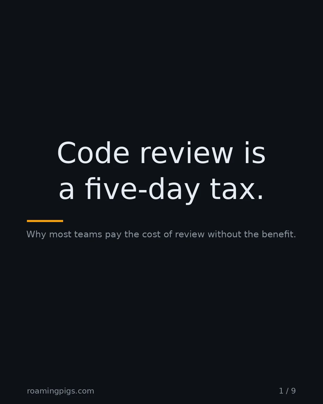 Slide 1 of 9: Code review is a five-day tax.. Why most teams pay the cost of review without the benefit