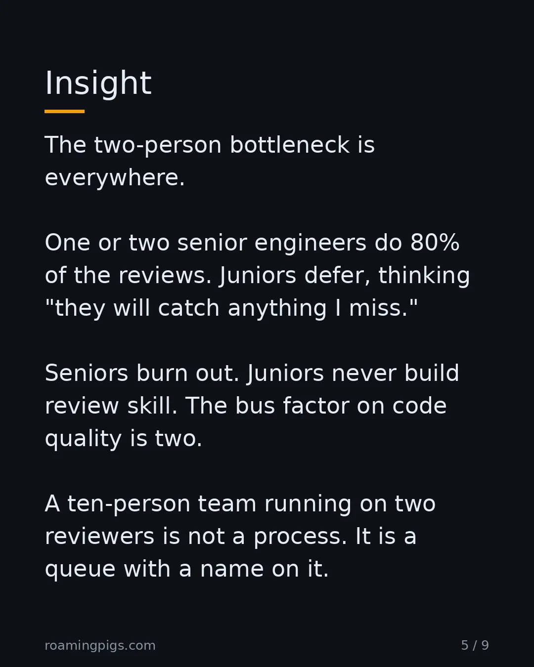 Slide 5 of 9: Insight. The two-person bottleneck is everywhere. One or two senior engineers do 80% of the reviews. Juniors defer, thinking "they will…