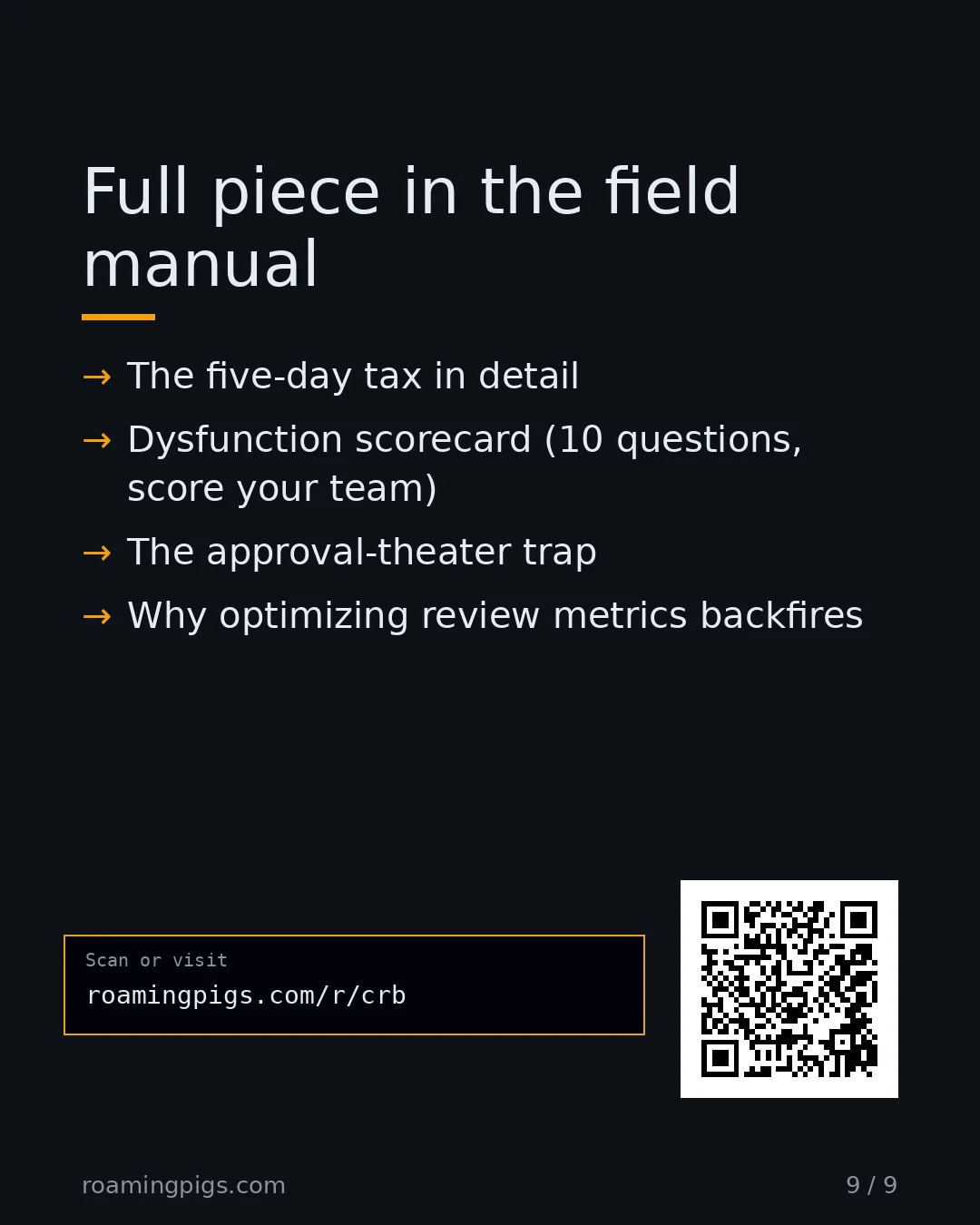 Slide 9 of 9: Call to action: The five-day tax in detail Dysfunction scorecard (10 questions, score your team) The approval-theater trap Why optimizing…