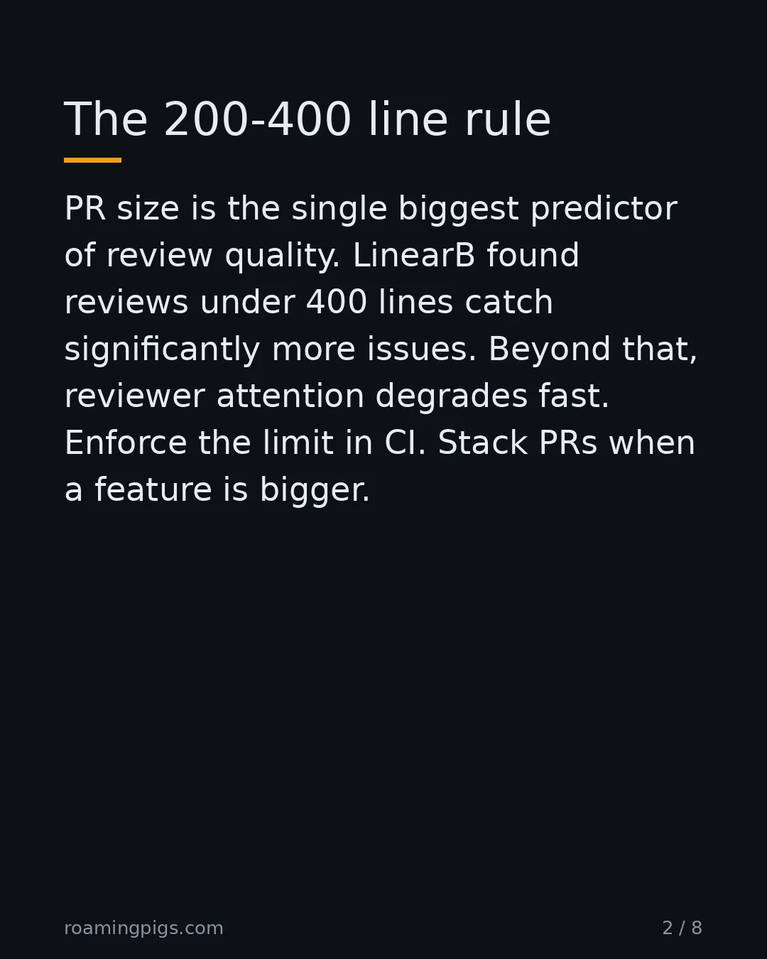 Slide 2 of 8: The 200-400 line rule. PR size is the single biggest predictor of review quality. LinearB found reviews under 400 lines catch significantly…