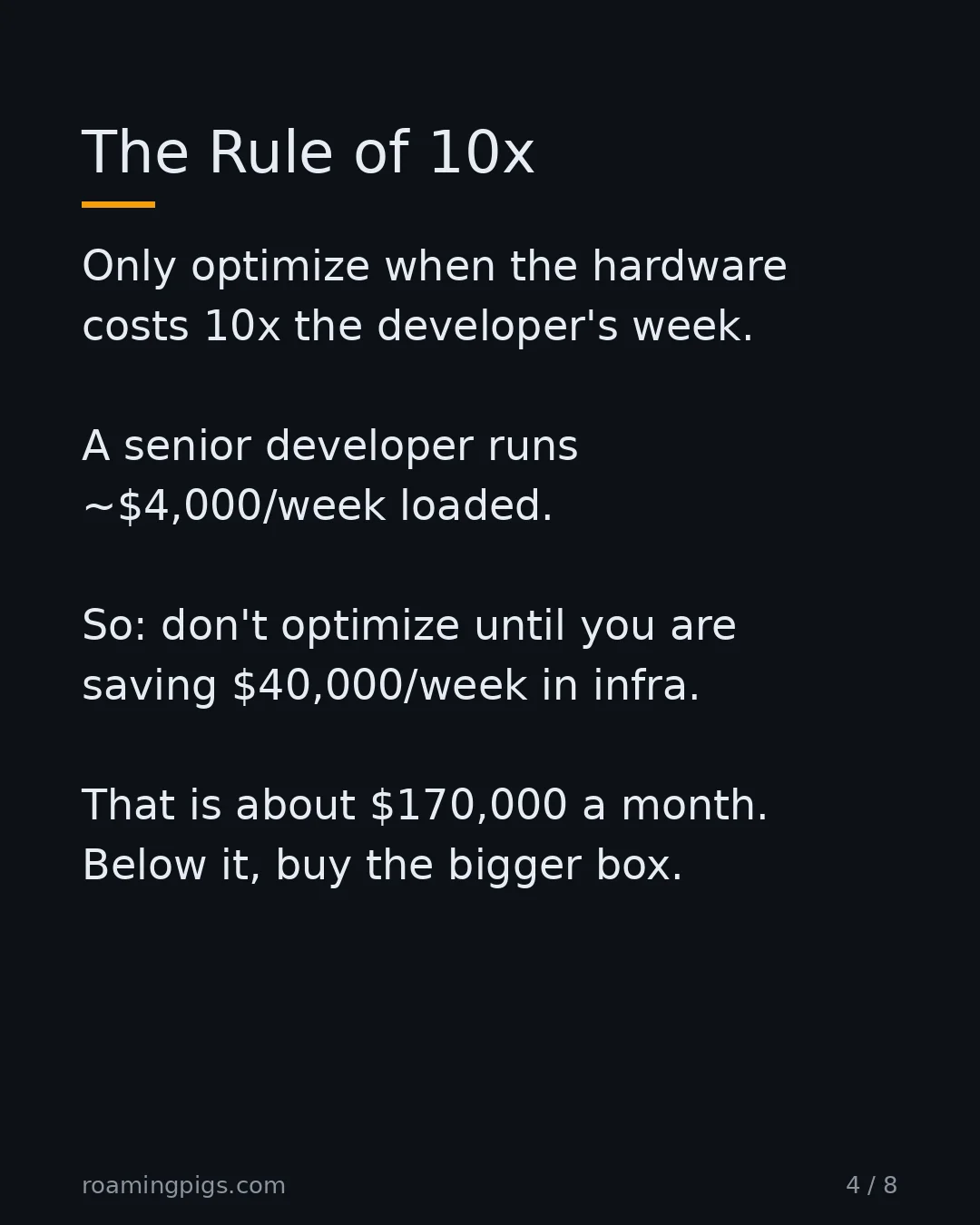 Slide 4 of 8: The Rule of 10x. Only optimize when the hardware costs 10x the developer's week. A senior developer runs ~$4,000/week loaded. So: don't…
