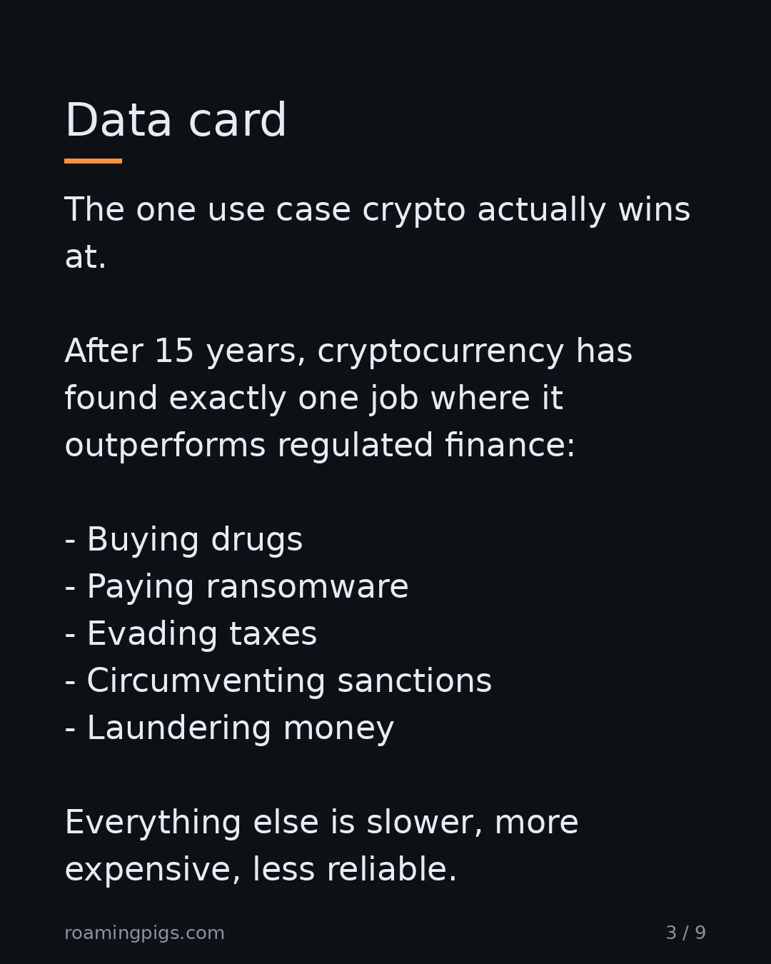 Slide 3 of 9: Data card. The one use case crypto actually wins at. After 15 years, cryptocurrency has found exactly one job where it outperforms…