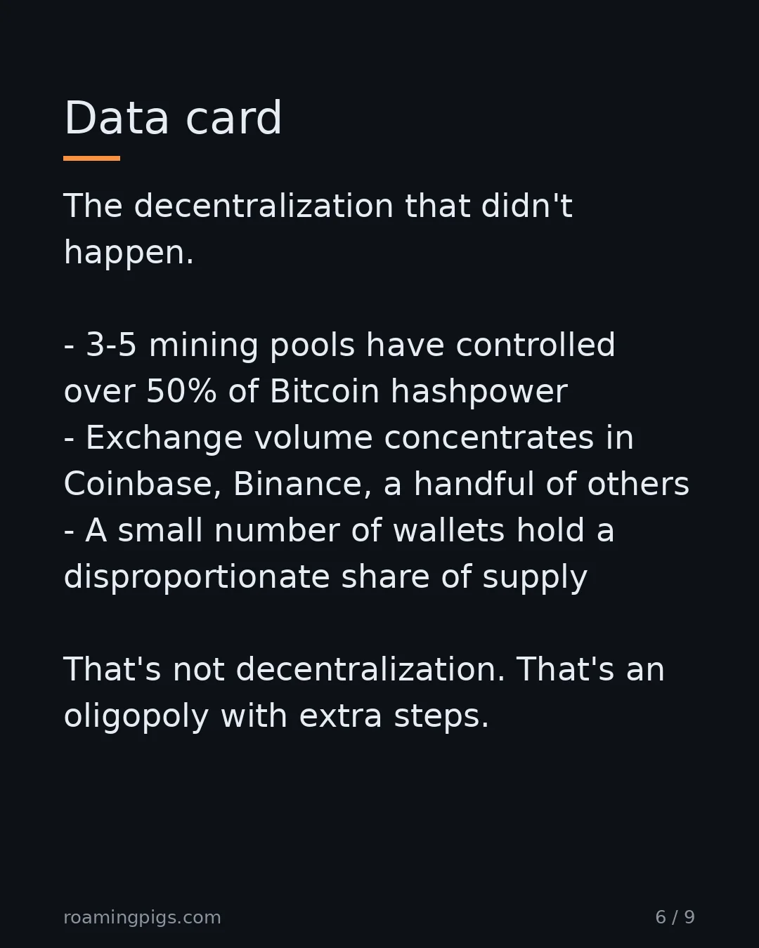 Slide 6 of 9: Data card. The decentralization that didn't happen. 3-5 mining pools have controlled over 50% of Bitcoin hashpower Exchange volume…